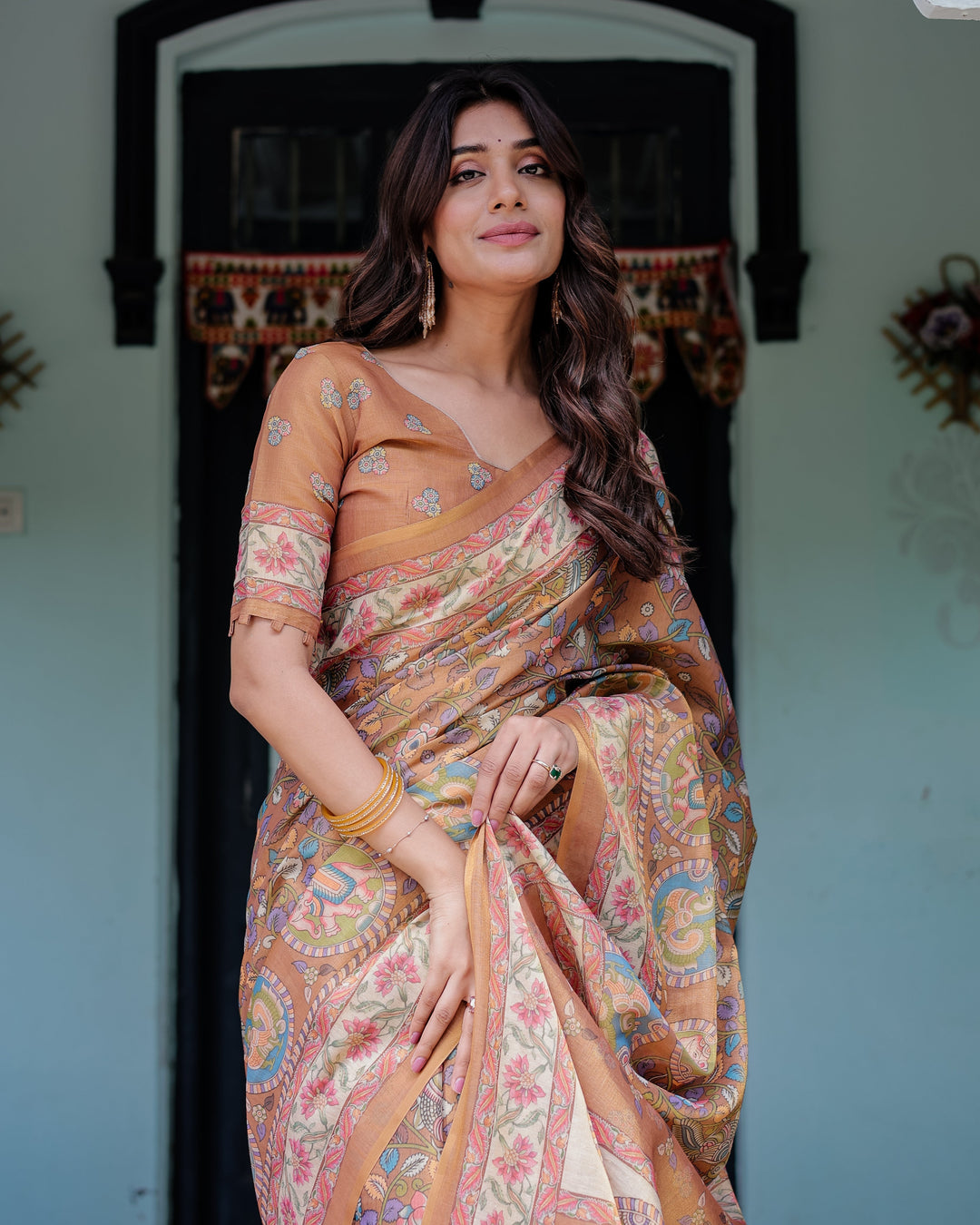 Terracotta Peach Handloom Cotton Saree with Multicolor Floral Vines & Kalamkari-Inspired Pallu