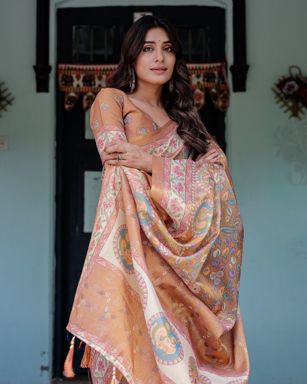 Terracotta Peach Handloom Cotton Saree with Multicolor Floral Vines & Kalamkari-Inspired Pallu