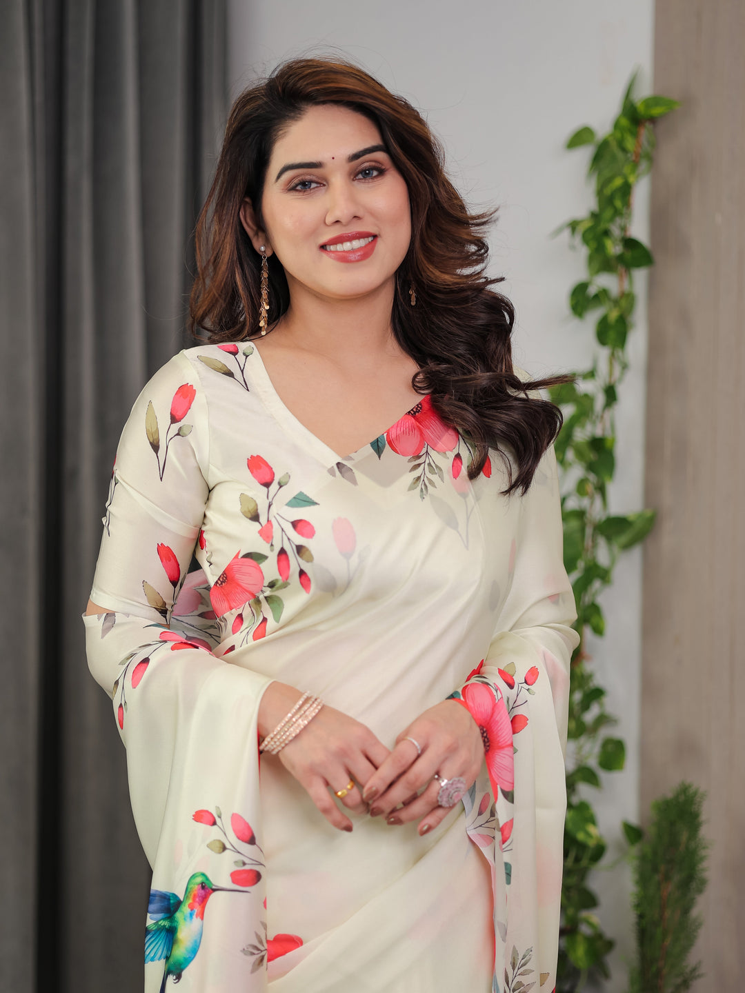 Ivory Cream Satin Georgette Floral & Bird Printed Saree with Attached Blouse – Elegant Nature-Inspired Designer Saree