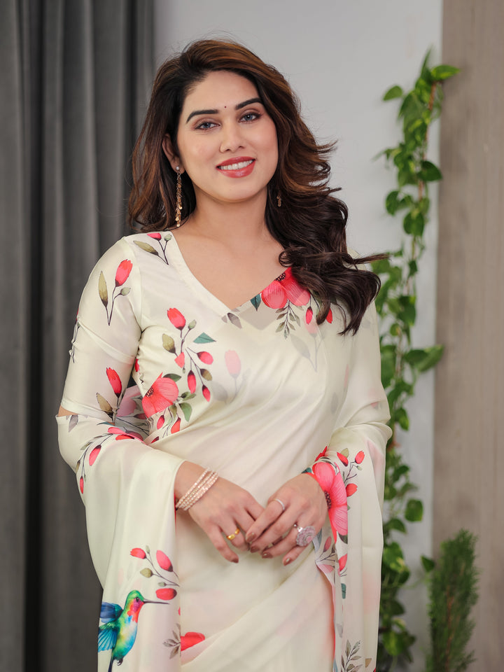 Ivory Cream Satin Georgette Floral & Bird Printed Saree with Attached Blouse – Elegant Nature-Inspired Designer Saree