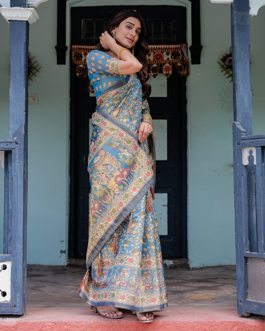 Divine Blue Handloom Cotton Saree with Shankh & Krishna Pallu Motifs – Temple Border & Tassels