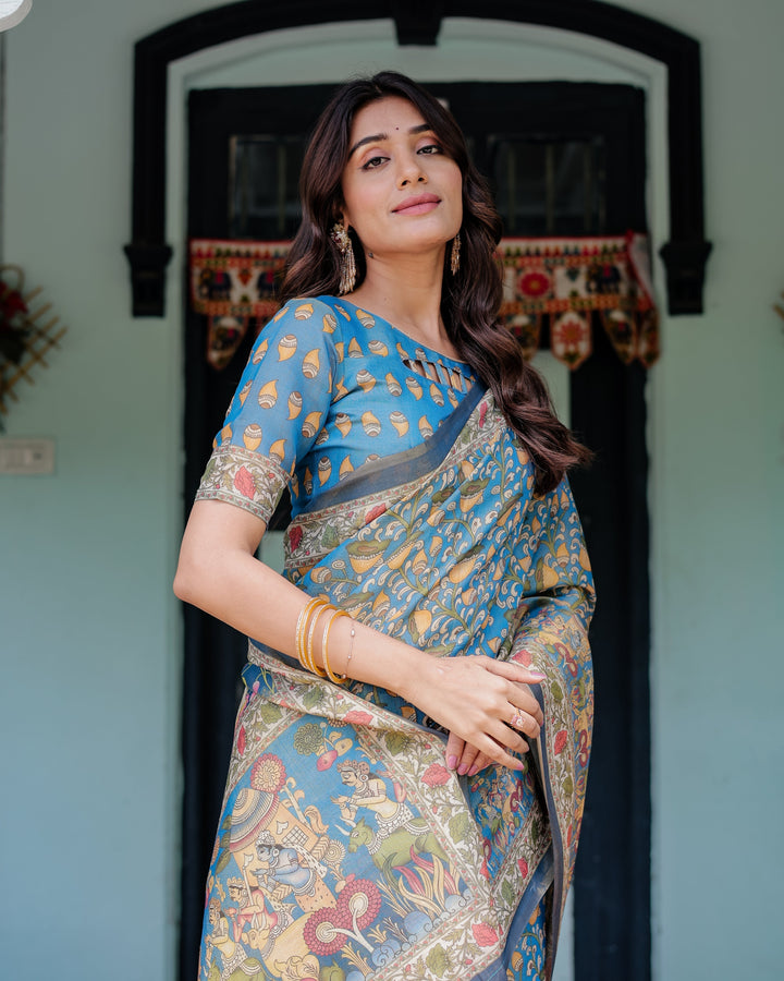 Divine Blue Handloom Cotton Saree with Shankh & Krishna Pallu Motifs – Temple Border & Tassels