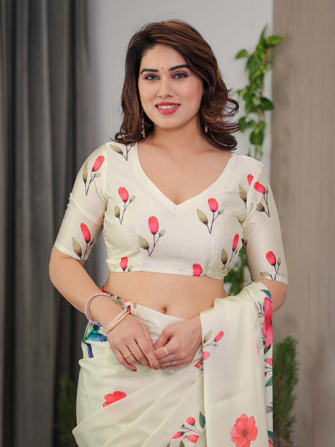 Ivory Cream Satin Georgette Floral & Bird Printed Saree with Attached Blouse – Elegant Nature-Inspired Designer Saree