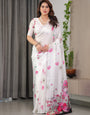 White Satin Georgette Floral Printed Saree with Pink Blossom Border & Attached Blouse – Elegant Lightweight Designer Drape
