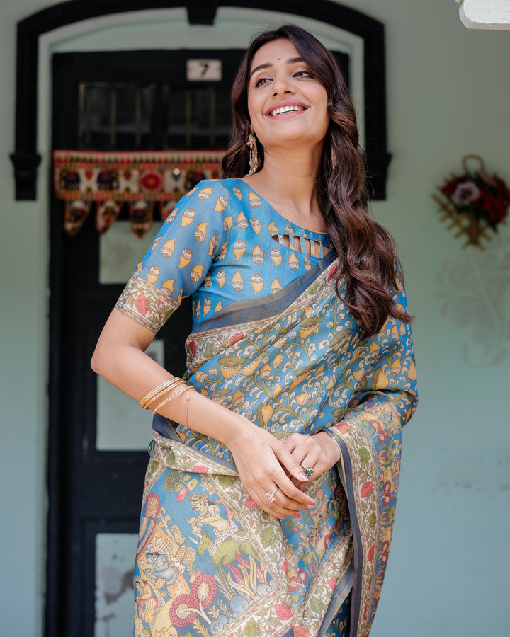 Divine Blue Handloom Cotton Saree with Shankh & Krishna Pallu Motifs – Temple Border & Tassels