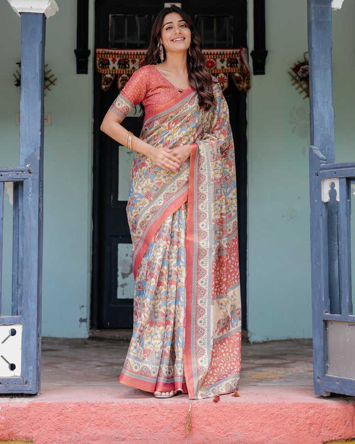 Rust Beige Handloom Cotton Saree with Vibrant Elephant Parade Print & Red Floral Pallu