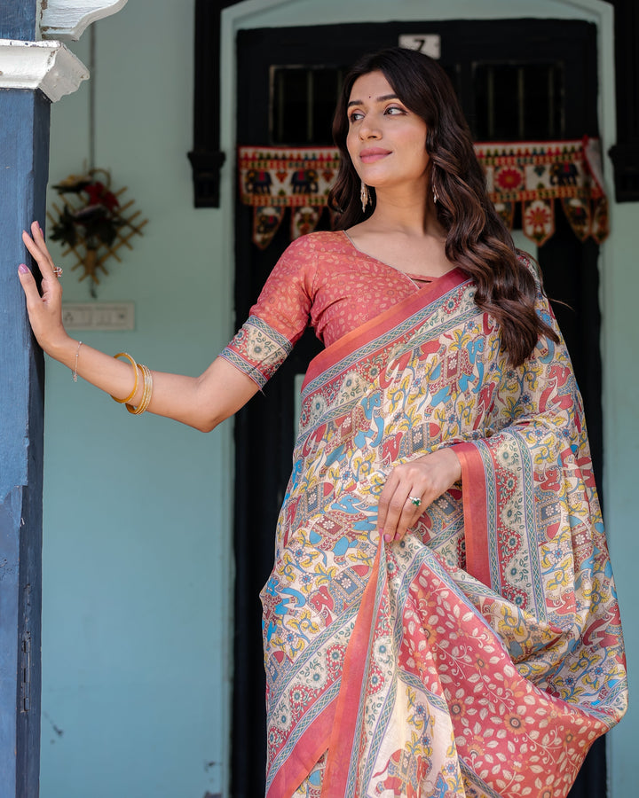Rust Beige Handloom Cotton Saree with Vibrant Elephant Parade Print & Red Floral Pallu