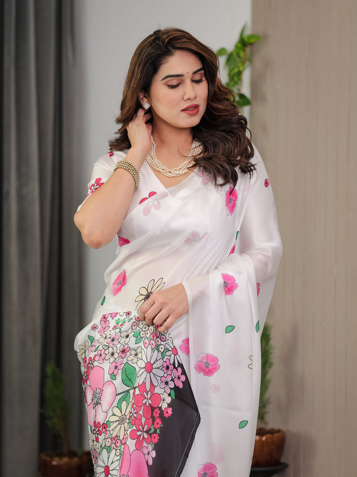 White Satin Georgette Floral Printed Saree with Pink Blossom Border & Attached Blouse – Elegant Lightweight Designer Drape