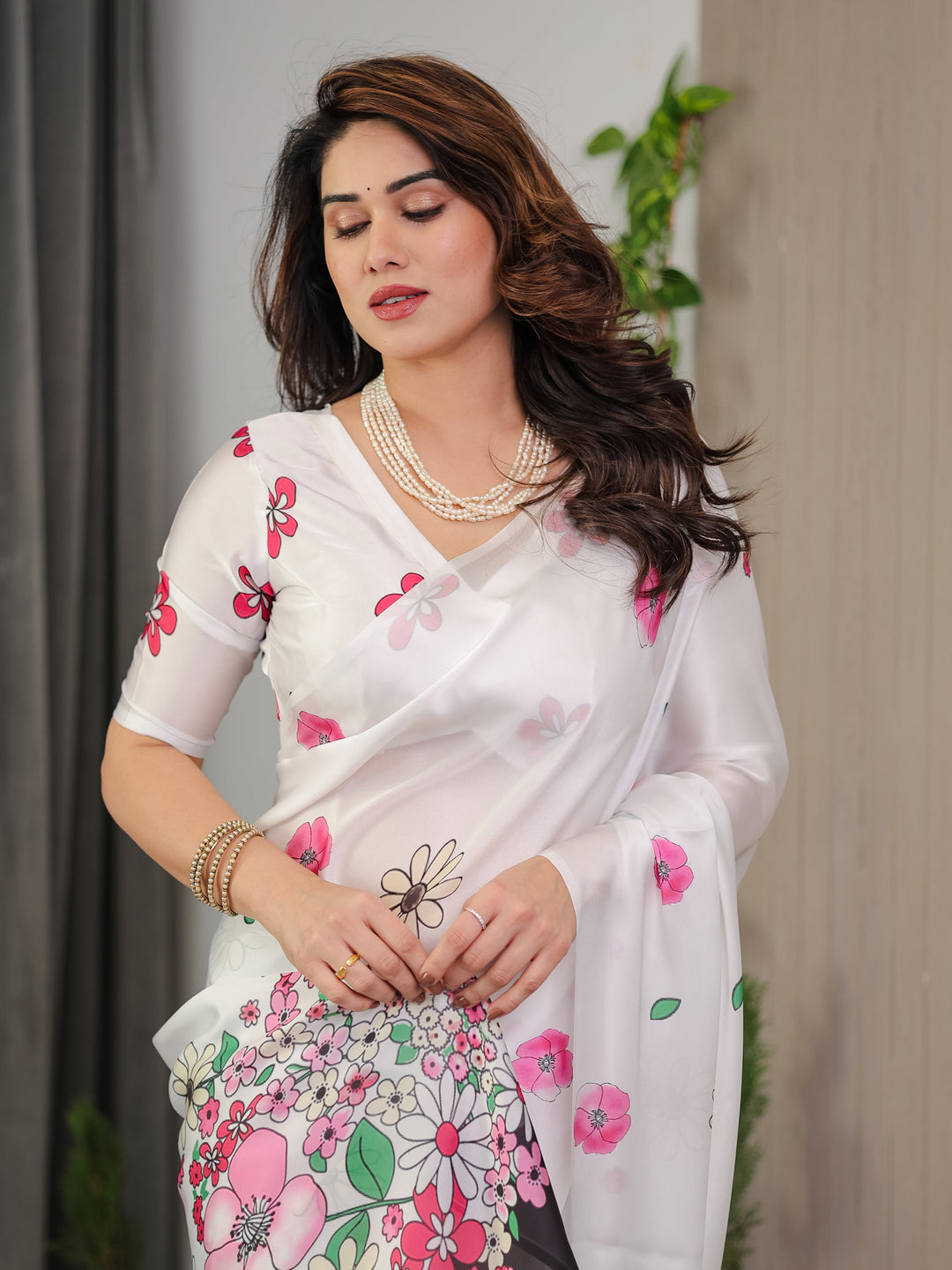 White Satin Georgette Floral Printed Saree with Pink Blossom Border & Attached Blouse – Elegant Lightweight Designer Drape
