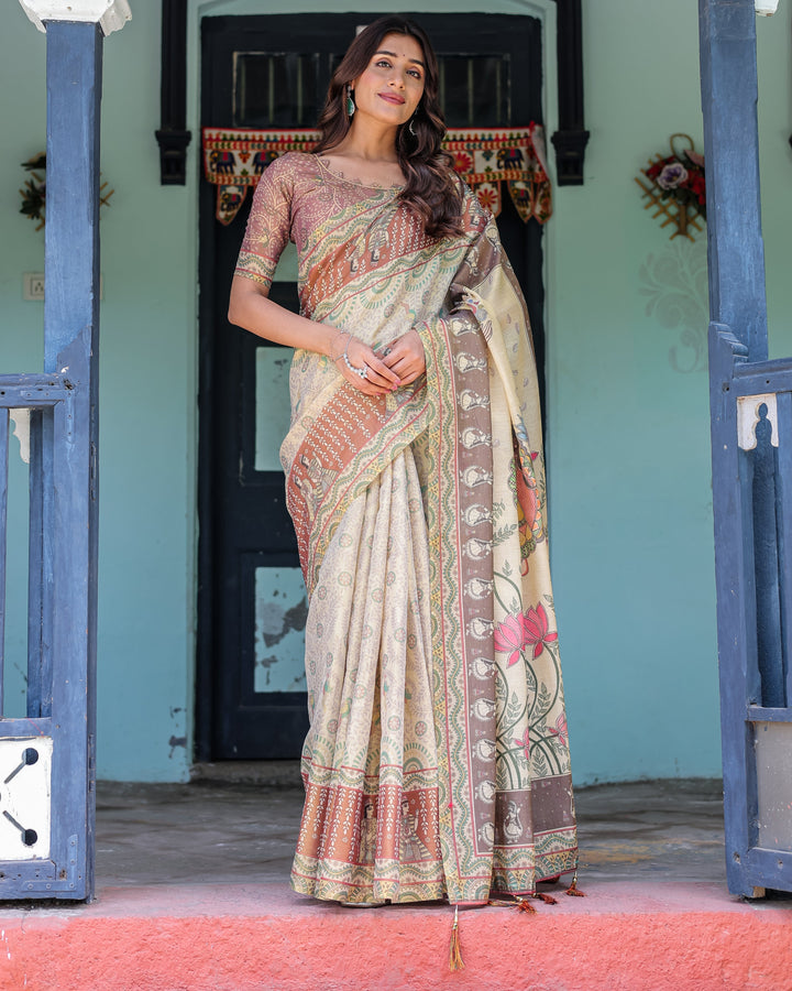 Ivory Brown Handloom Cotton Saree with Classical Dancer Motifs & Madhubani-Inspired Pallu