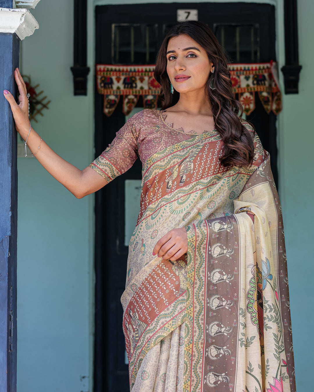 Ivory Brown Handloom Cotton Saree with Classical Dancer Motifs & Madhubani-Inspired Pallu