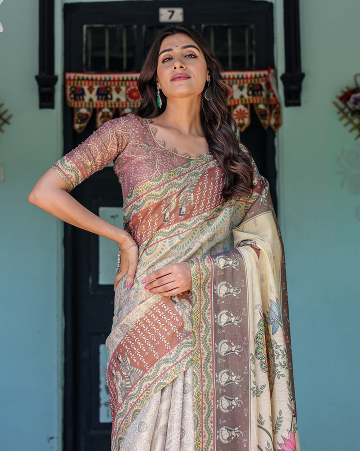 Ivory Brown Handloom Cotton Saree with Classical Dancer Motifs & Madhubani-Inspired Pallu