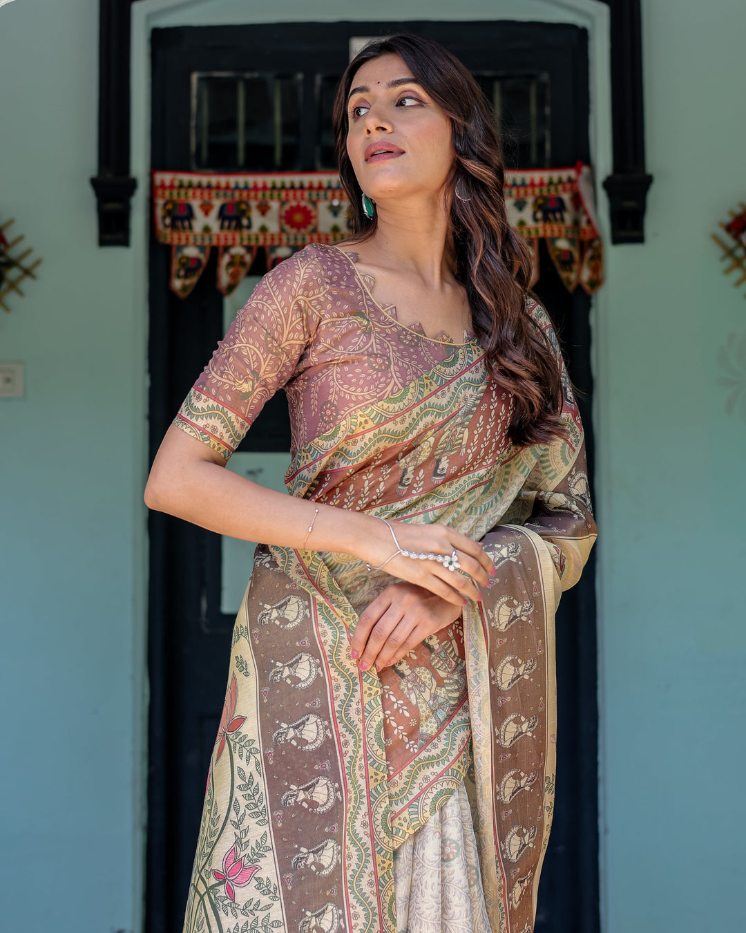 Ivory Brown Handloom Cotton Saree with Classical Dancer Motifs & Madhubani-Inspired Pallu