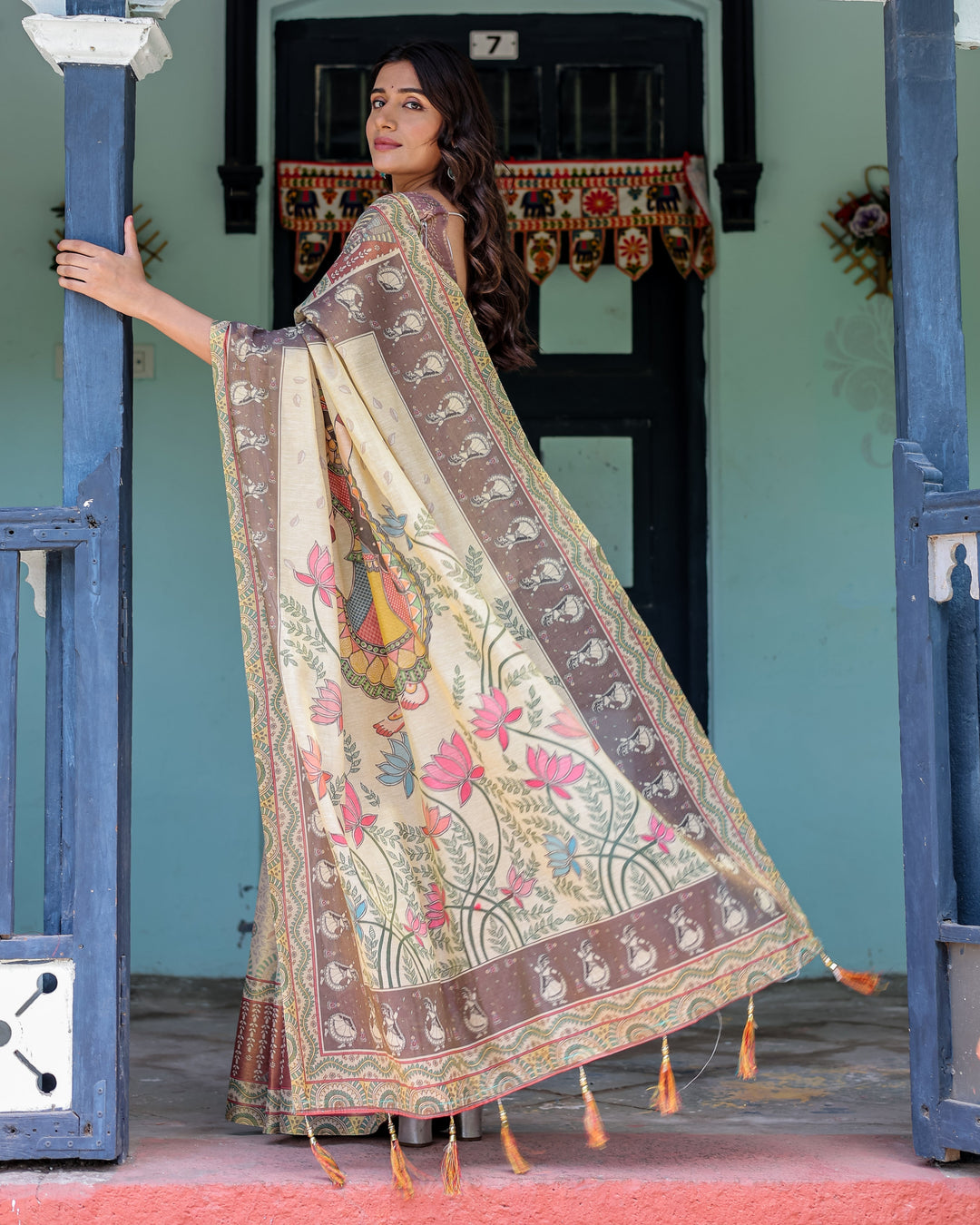 Ivory Brown Handloom Cotton Saree with Classical Dancer Motifs & Madhubani-Inspired Pallu