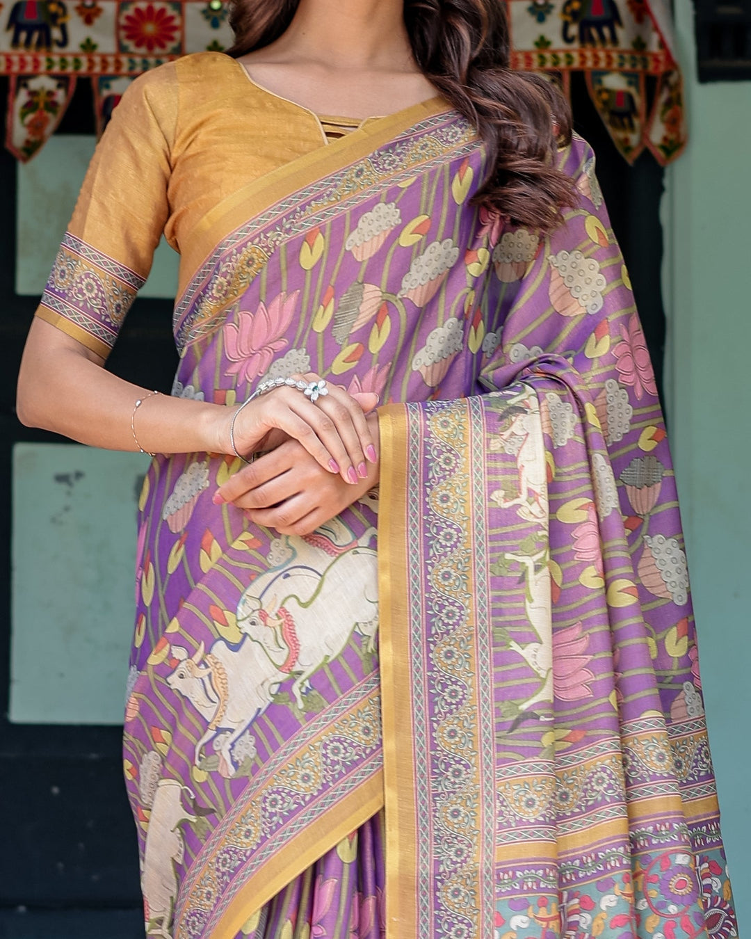 Royal Violet Handloom Cotton Saree with Cow Motifs & Temple Pallu Art