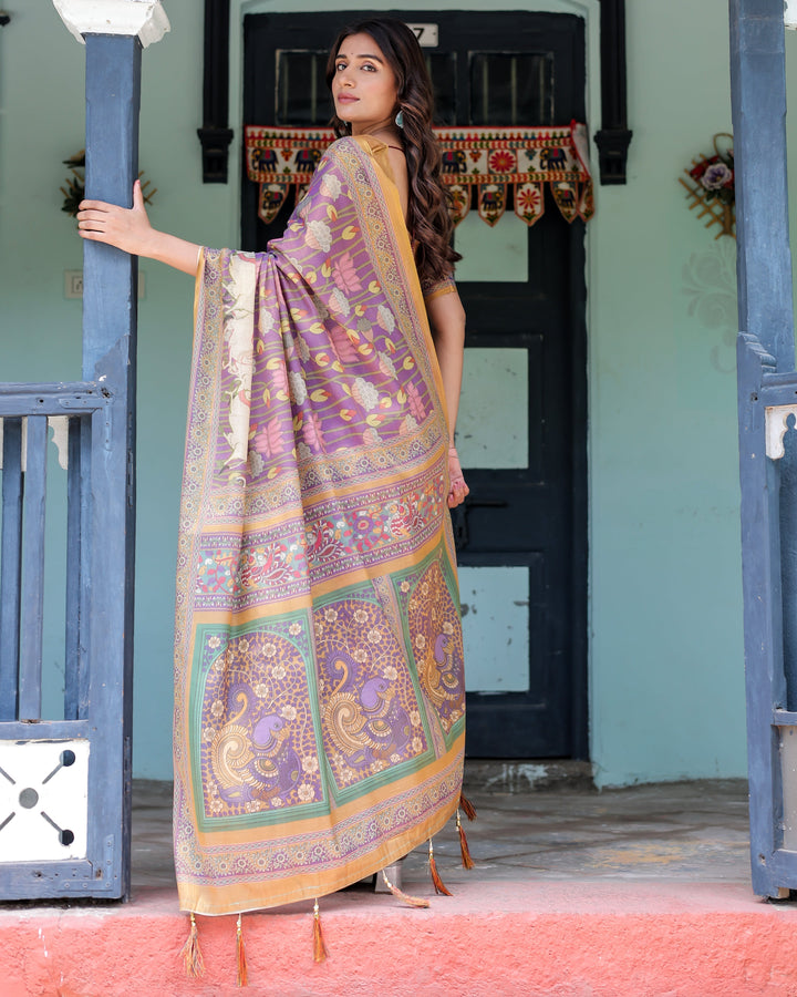 Royal Violet Handloom Cotton Saree with Cow Motifs & Temple Pallu Art