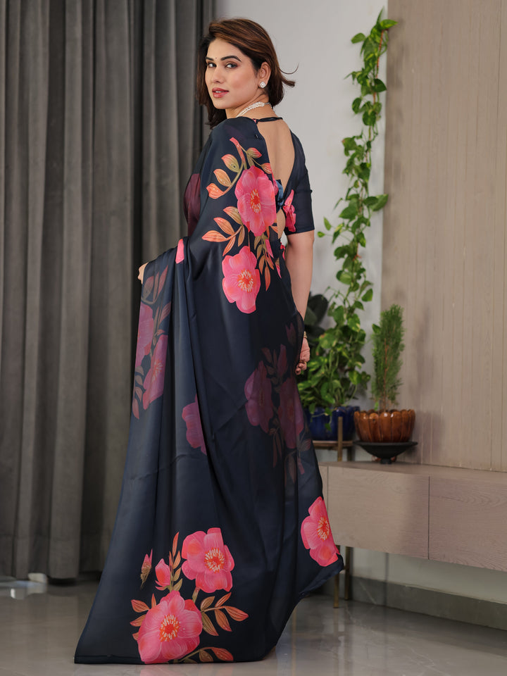 Midnight Navy Blue Satin Georgette Floral Printed Saree with Attached Blouse – Elegant Rose Bloom Designer Drape