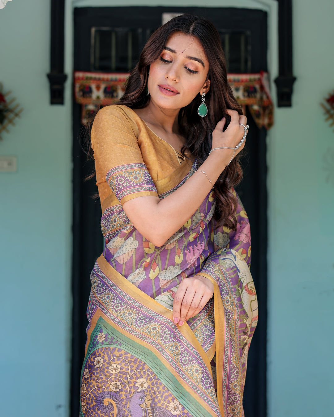 Royal Violet Handloom Cotton Saree with Cow Motifs & Temple Pallu Art