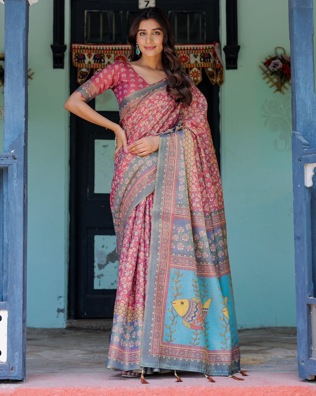 Rosewood Red Handloom Cotton Saree with Artistic Fish Pallu & Floral Vine Print