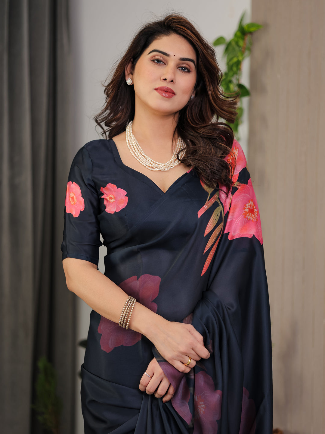 Midnight Navy Blue Satin Georgette Floral Printed Saree with Attached Blouse – Elegant Rose Bloom Designer Drape