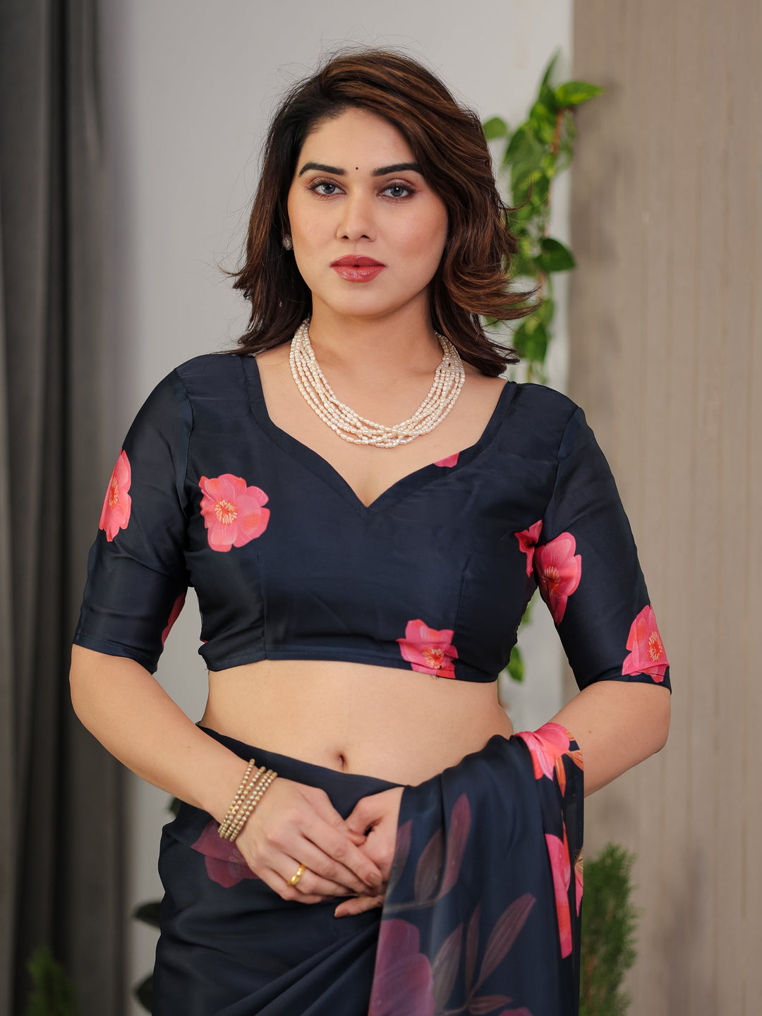 Midnight Navy Blue Satin Georgette Floral Printed Saree with Attached Blouse – Elegant Rose Bloom Designer Drape