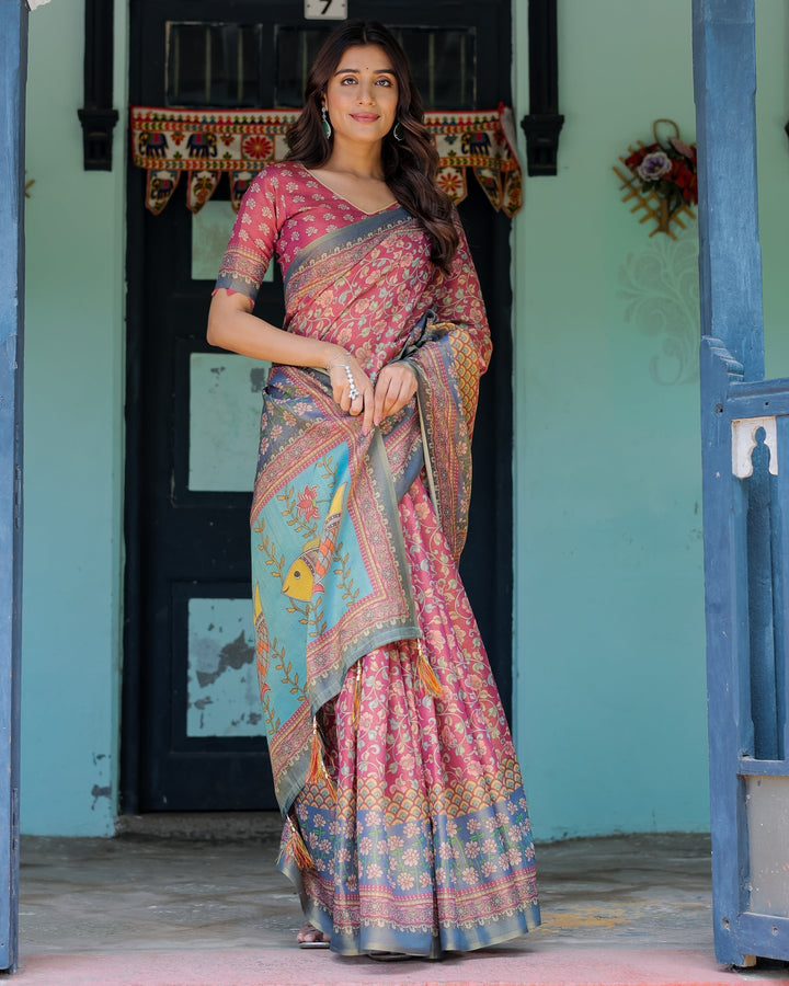 Rosewood Red Handloom Cotton Saree with Artistic Fish Pallu & Floral Vine Print