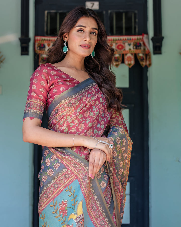 Rosewood Red Handloom Cotton Saree with Artistic Fish Pallu & Floral Vine Print