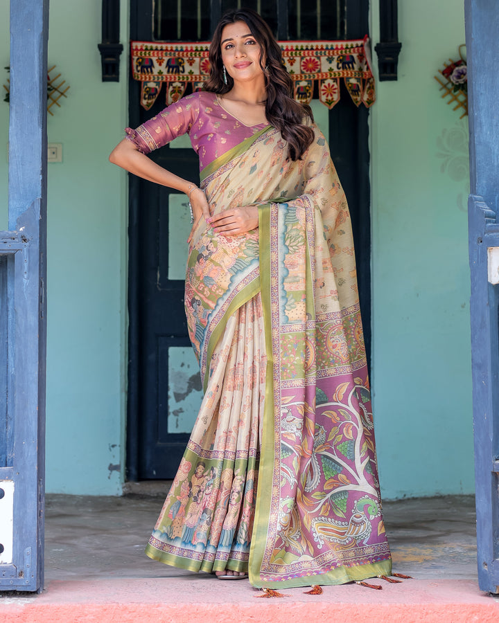 Ivory & Violet Handloom Cotton Saree with Royal Procession & Tree of Life Pallu