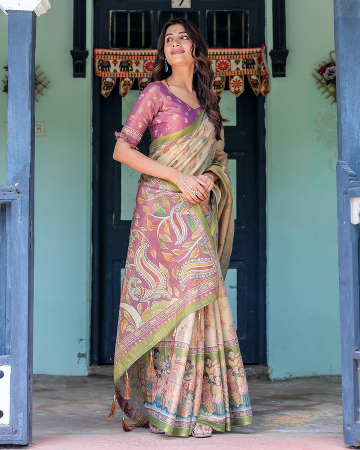 Ivory & Violet Handloom Cotton Saree with Royal Procession & Tree of Life Pallu
