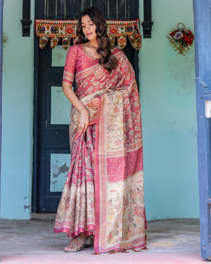 Maroon Rose Pink Handloom Cotton Saree with Traditional Procession Print & Floral Vine Motifs