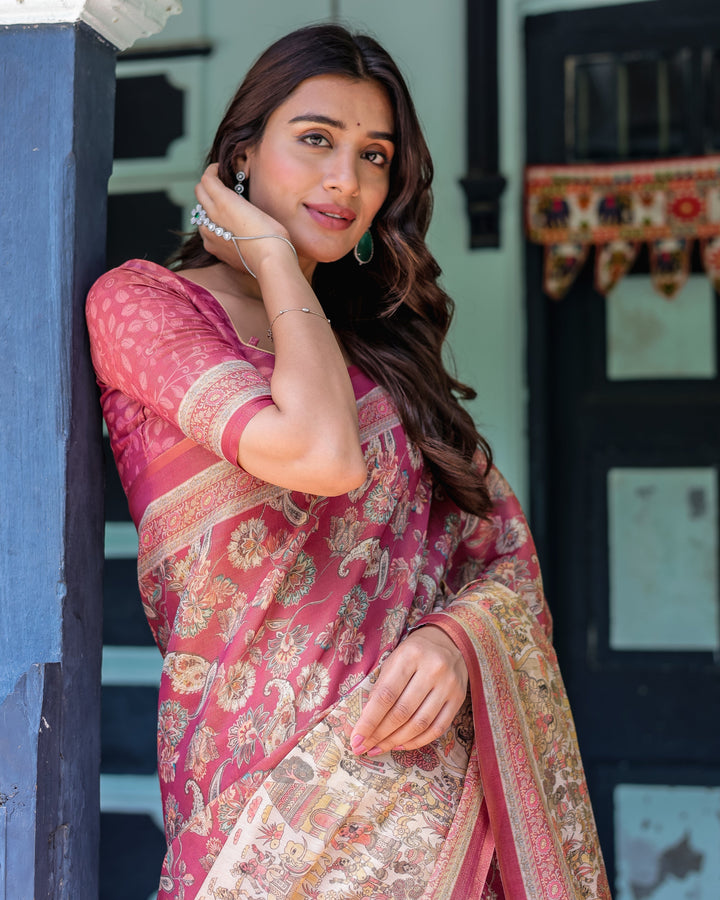 Maroon Rose Pink Handloom Cotton Saree with Traditional Procession Print & Floral Vine Motifs