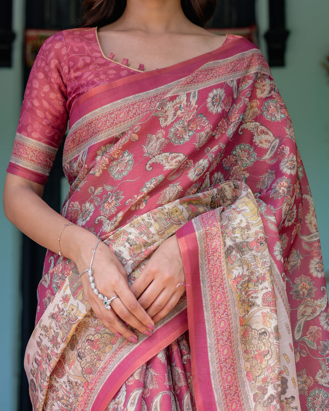 Maroon Rose Pink Handloom Cotton Saree with Traditional Procession Print & Floral Vine Motifs