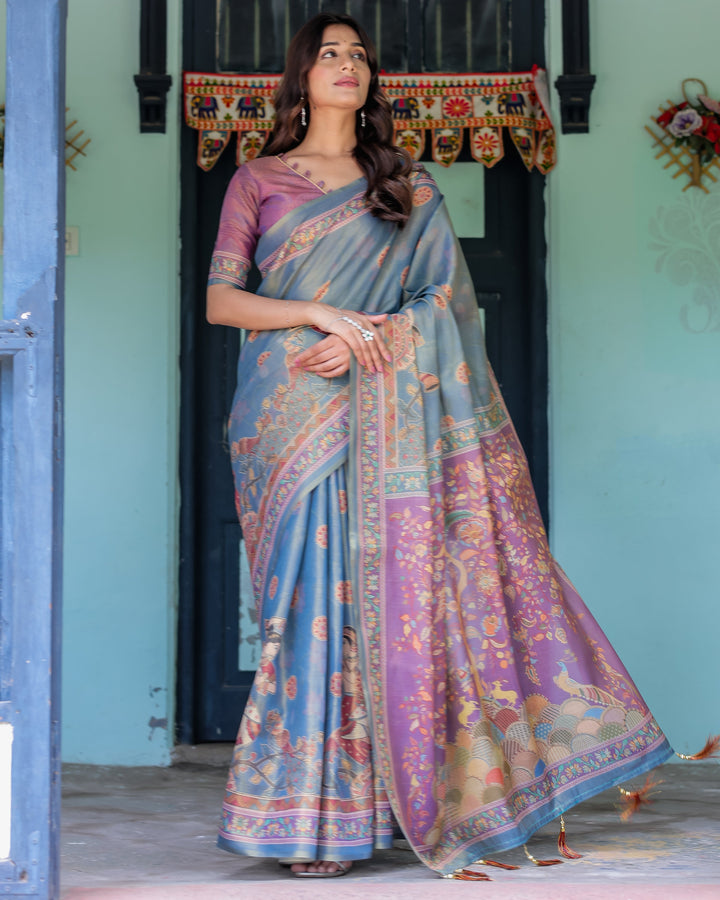 Dusky Blue & Violet Handloom Cotton Saree with Mythical Tree Art & Peacock Detailing