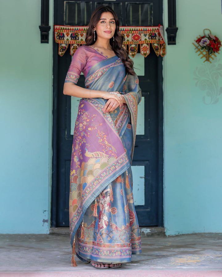 Dusky Blue & Violet Handloom Cotton Saree with Mythical Tree Art & Peacock Detailing