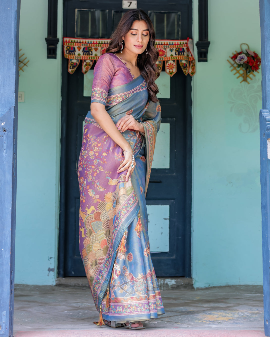 Dusky Blue & Violet Handloom Cotton Saree with Mythical Tree Art & Peacock Detailing