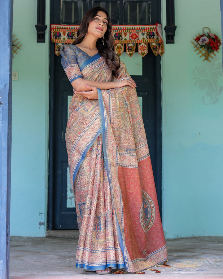 Rust & Blue Handloom Cotton Saree with Classical Dancer Motif and Patchwork Digital Print