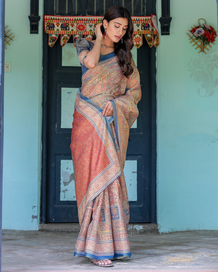 Rust & Blue Handloom Cotton Saree with Classical Dancer Motif and Patchwork Digital Print