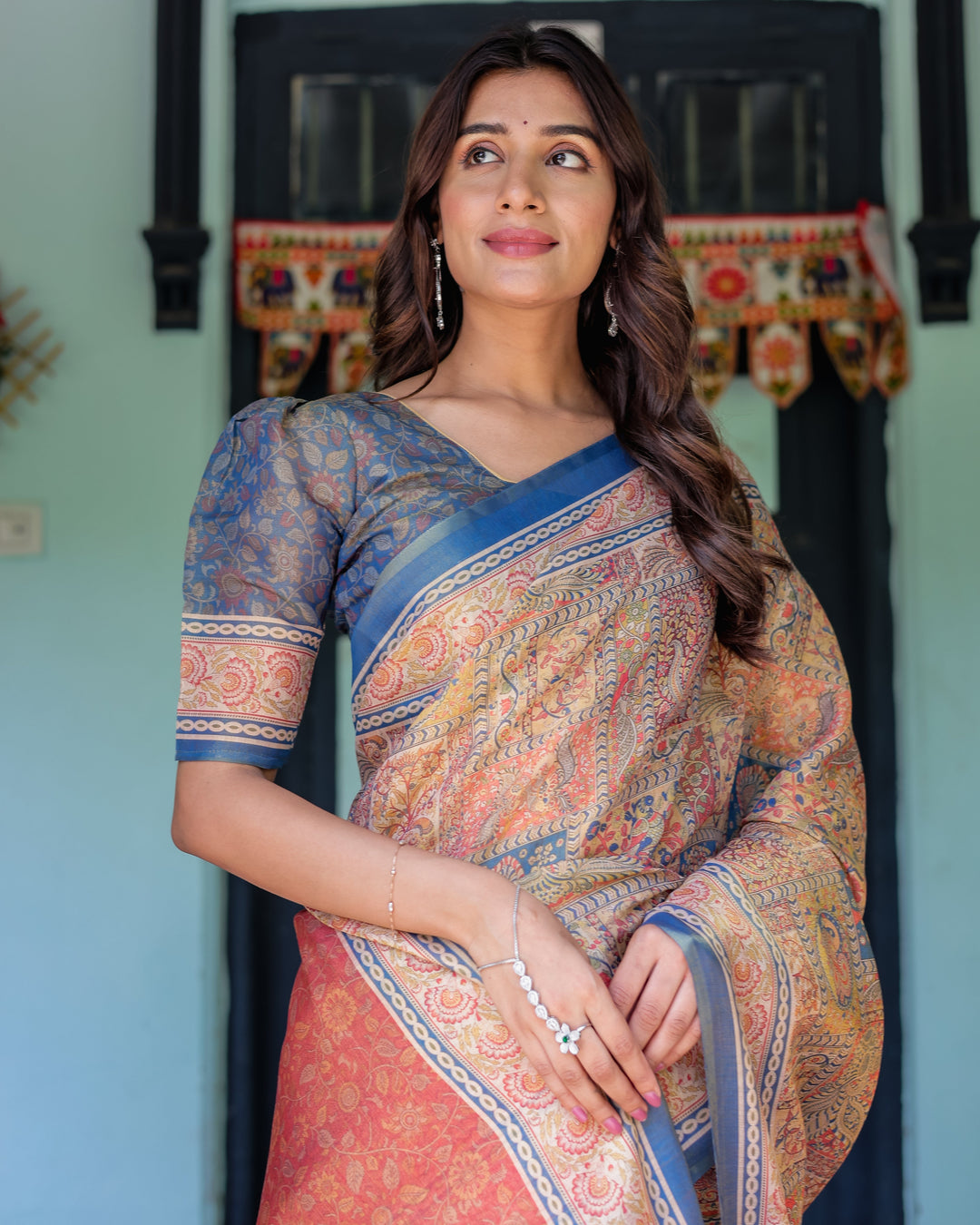Rust & Blue Handloom Cotton Saree with Classical Dancer Motif and Patchwork Digital Print