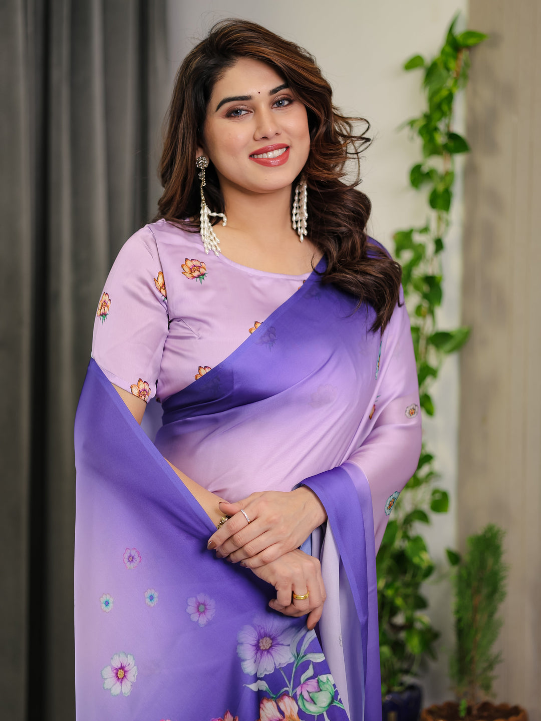 Lavender & Royal Purple Ombre Satin Georgette Floral Printed Saree with Attached Blouse – Soft Pastel Bloom Designer Drape