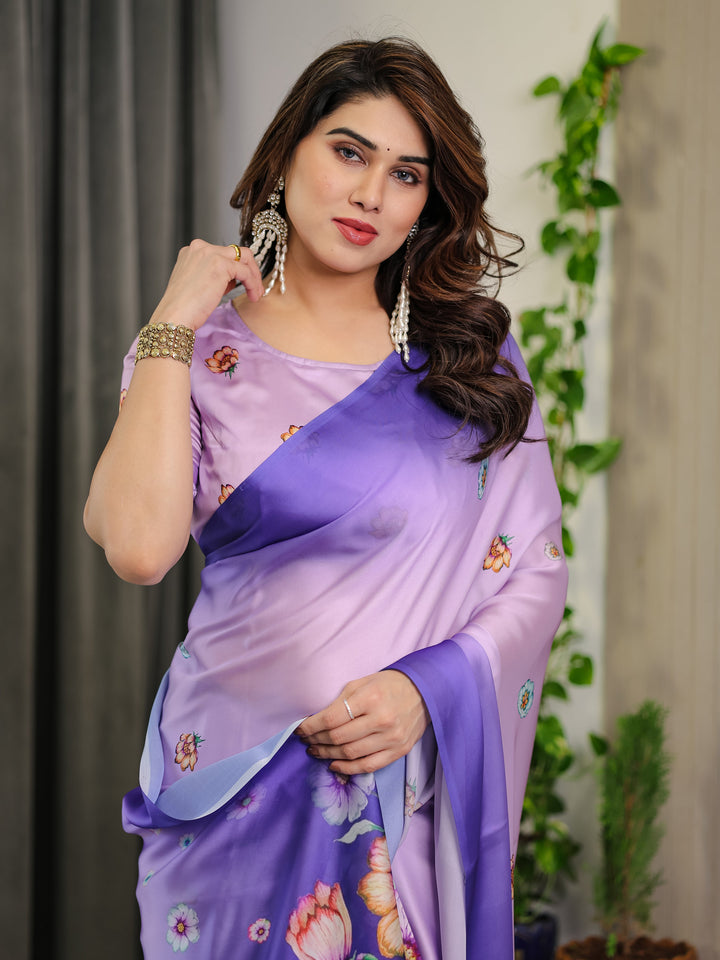 Lavender & Royal Purple Ombre Satin Georgette Floral Printed Saree with Attached Blouse – Soft Pastel Bloom Designer Drape