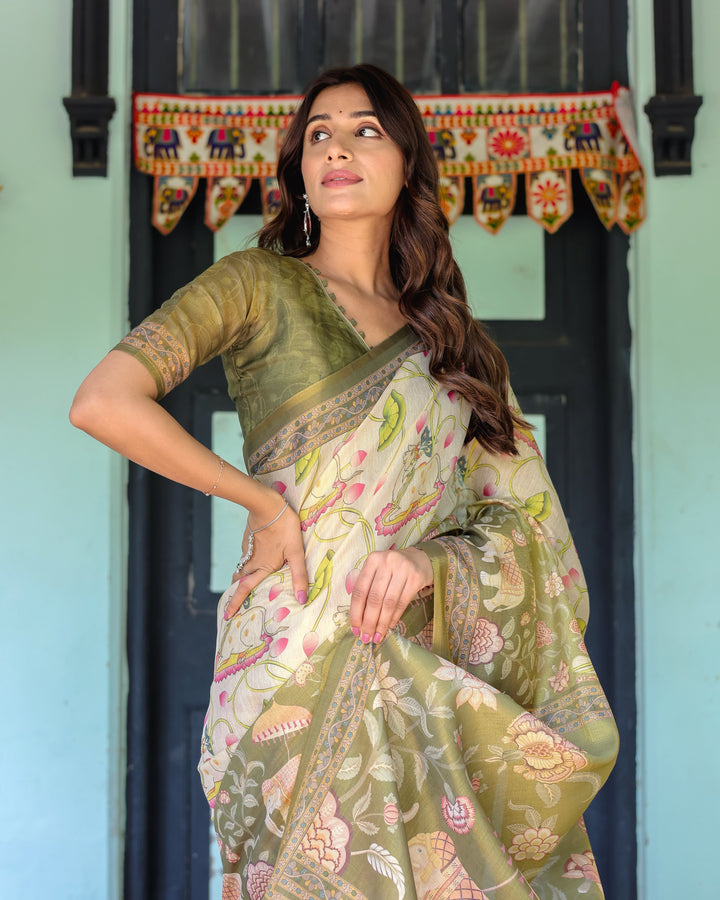 Olive Green & Ivory Handloom Cotton Saree with Lotus Blooms and Royal Elephant Motifs