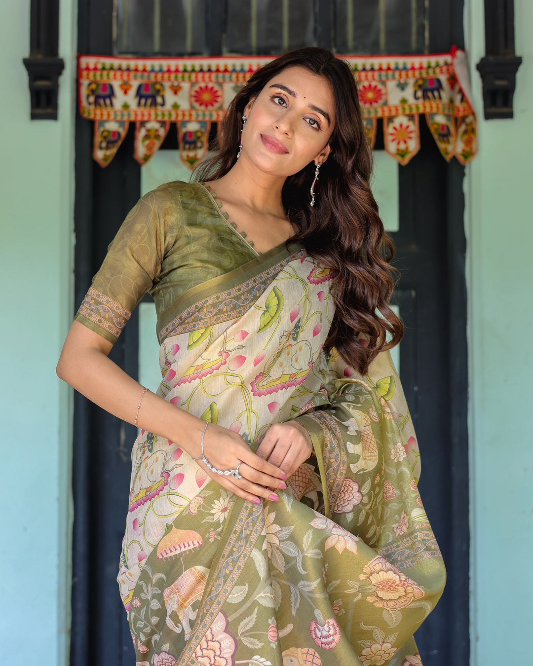Olive Green & Ivory Handloom Cotton Saree with Lotus Blooms and Royal Elephant Motifs