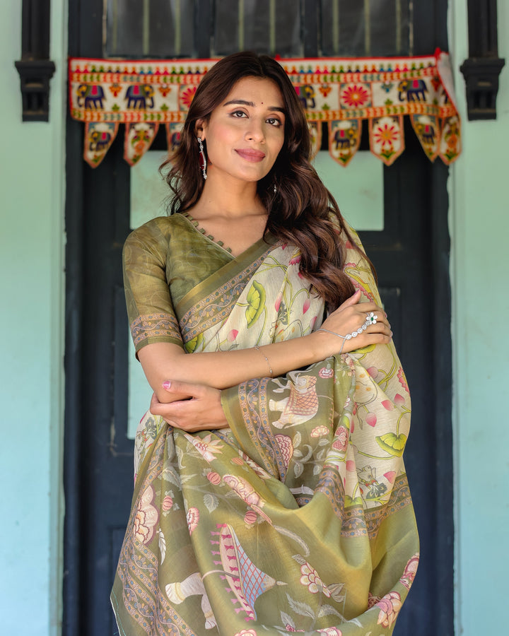 Olive Green & Ivory Handloom Cotton Saree with Lotus Blooms and Royal Elephant Motifs