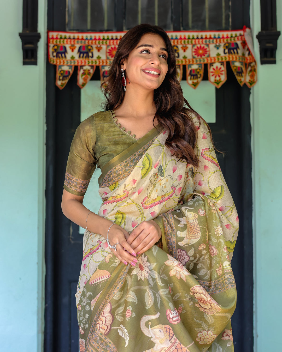 Olive Green & Ivory Handloom Cotton Saree with Lotus Blooms and Royal Elephant Motifs