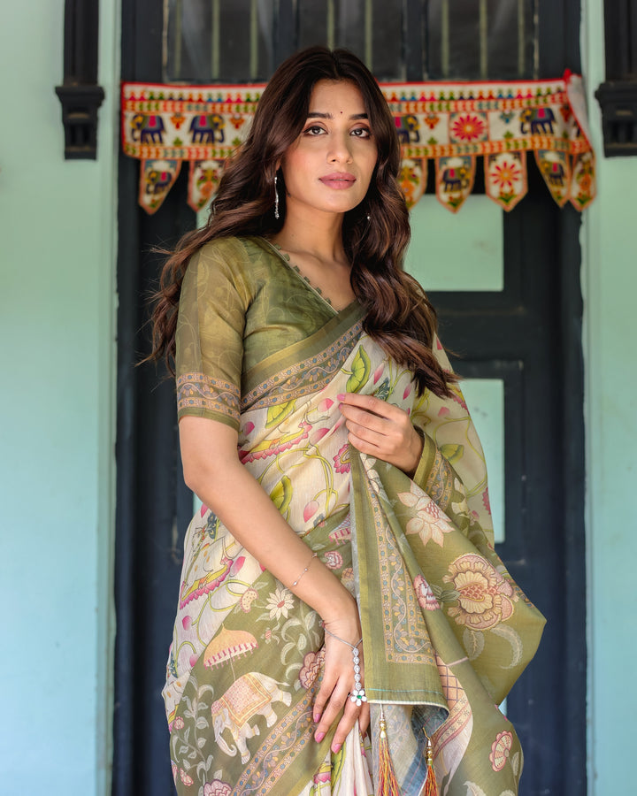 Olive Green & Ivory Handloom Cotton Saree with Lotus Blooms and Royal Elephant Motifs