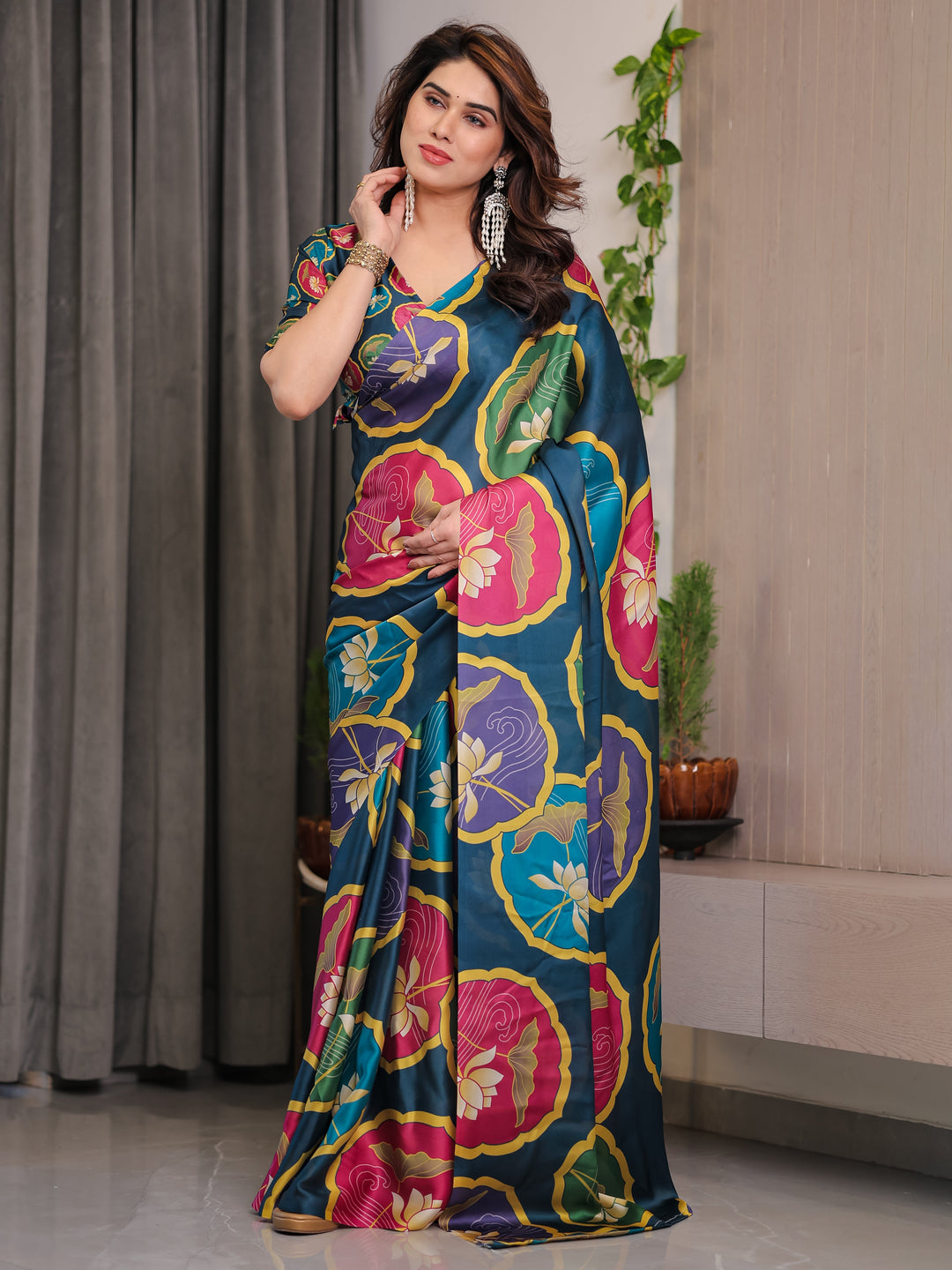 Teal Blue Satin Georgette Lotus Medallion Printed Saree with Attached Blouse – Multicolour Floral Designer Drape