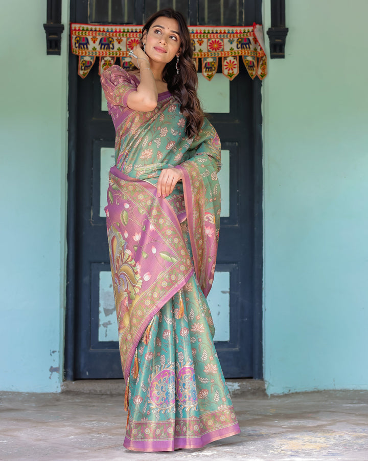 Aqua Green & Lilac Handloom Cotton Saree with Floral Vine Print & Majestic Bird Pallu