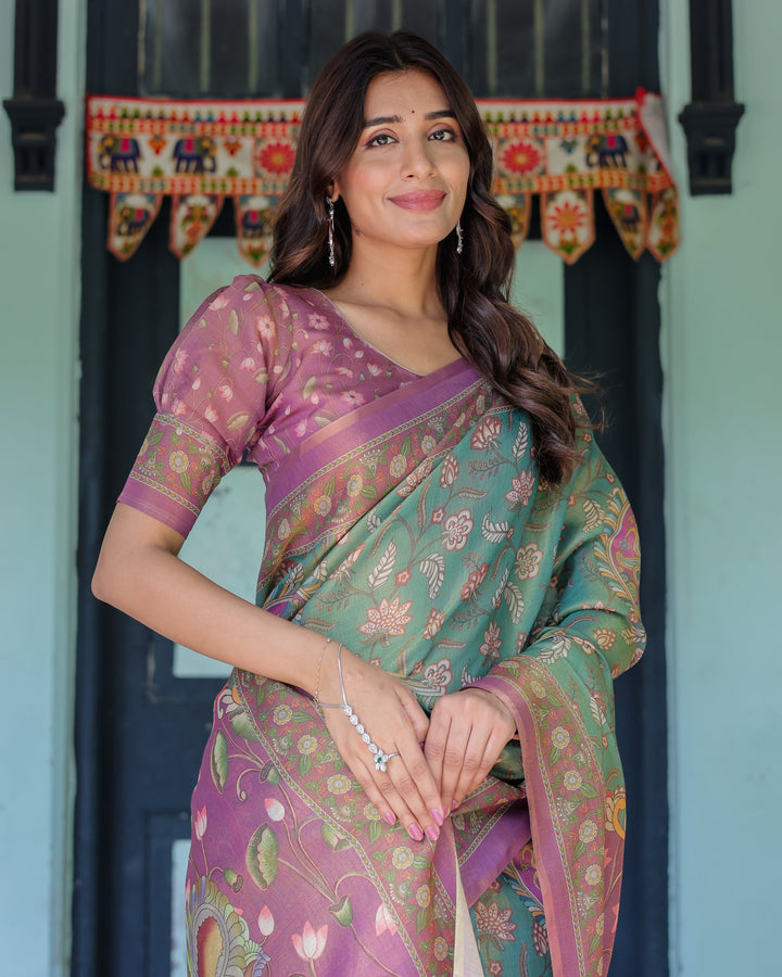 Aqua Green & Lilac Handloom Cotton Saree with Floral Vine Print & Majestic Bird Pallu