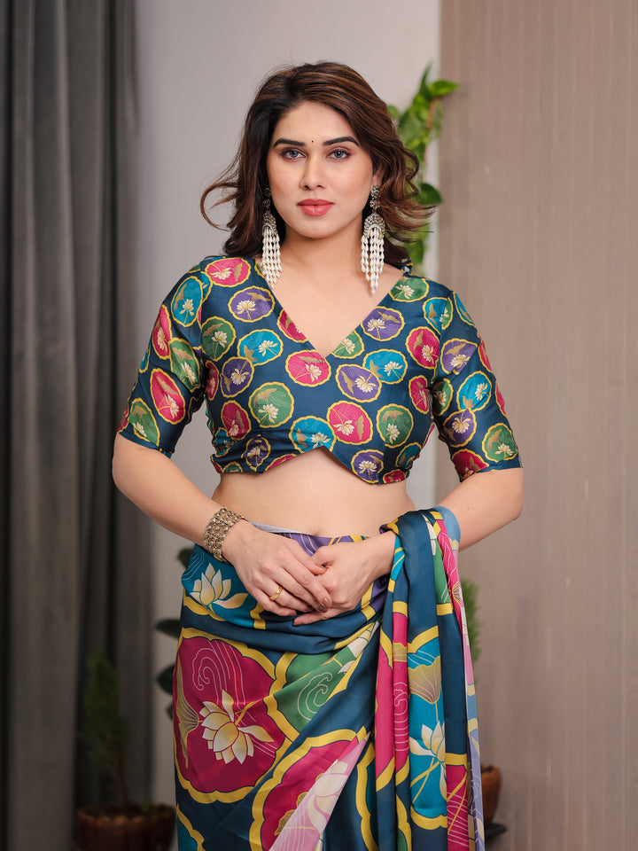 Teal Blue Satin Georgette Lotus Medallion Printed Saree with Attached Blouse – Multicolour Floral Designer Drape