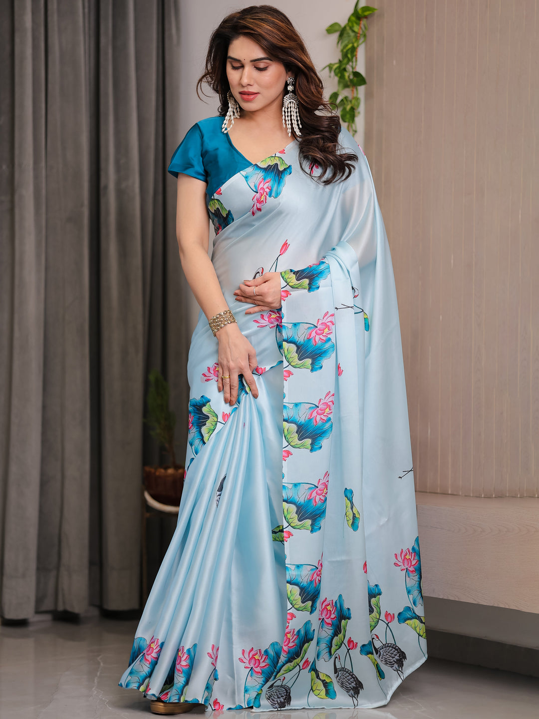 Sky Blue Satin Georgette Lotus & Crane Printed Saree with Attached Blouse – Serene Nature-Inspired Designer Drape